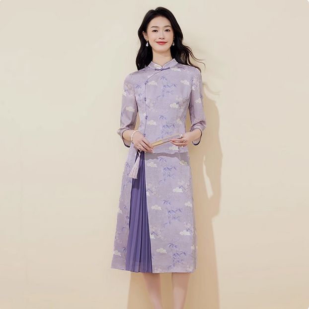 黛瑪詩春新款紫色印花連衣裙日常新中式國風改良旗袍女高端